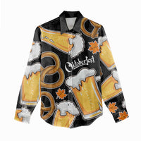 Oktoberfest Women Casual Shirt with Beer Mug and Pretzel Illustration Black Festive - Wonder Print Shop