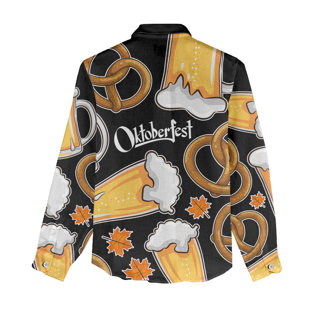 Oktoberfest Women Casual Shirt with Beer Mug and Pretzel Illustration Black Festive - Wonder Print Shop