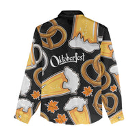Oktoberfest Women Casual Shirt with Beer Mug and Pretzel Illustration Black Festive - Wonder Print Shop