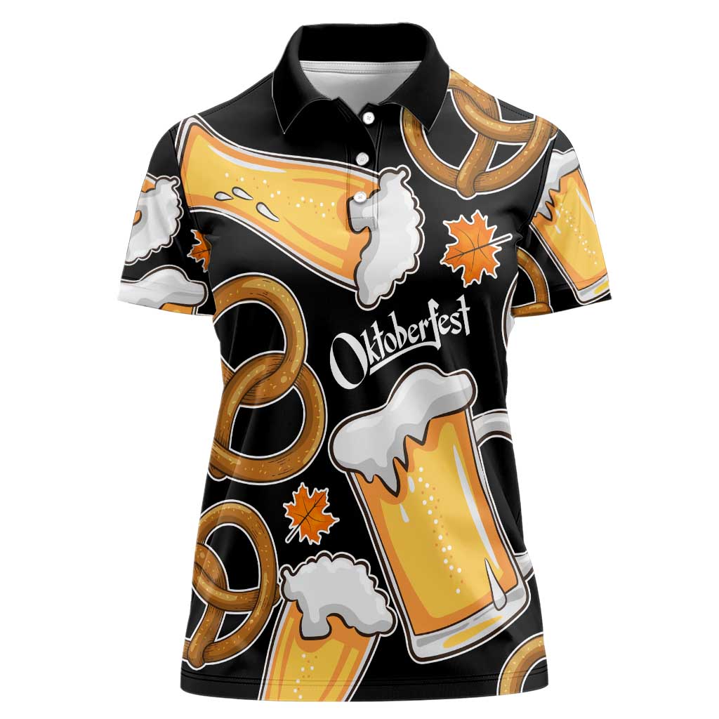 Oktoberfest Women Polo Shirt with Beer Mug and Pretzel Illustration Black Festive - Wonder Print Shop