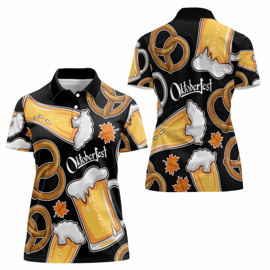 Oktoberfest Women Polo Shirt with Beer Mug and Pretzel Illustration Black Festive - Wonder Print Shop