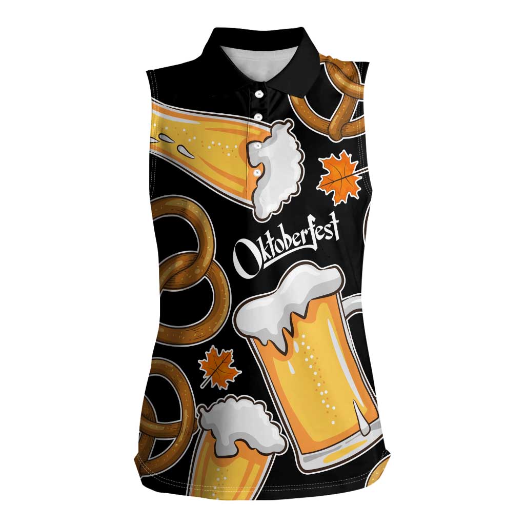 Oktoberfest Women Sleeveless Polo Shirt with Beer Mug and Pretzel Illustration Black Festive - Wonder Print Shop