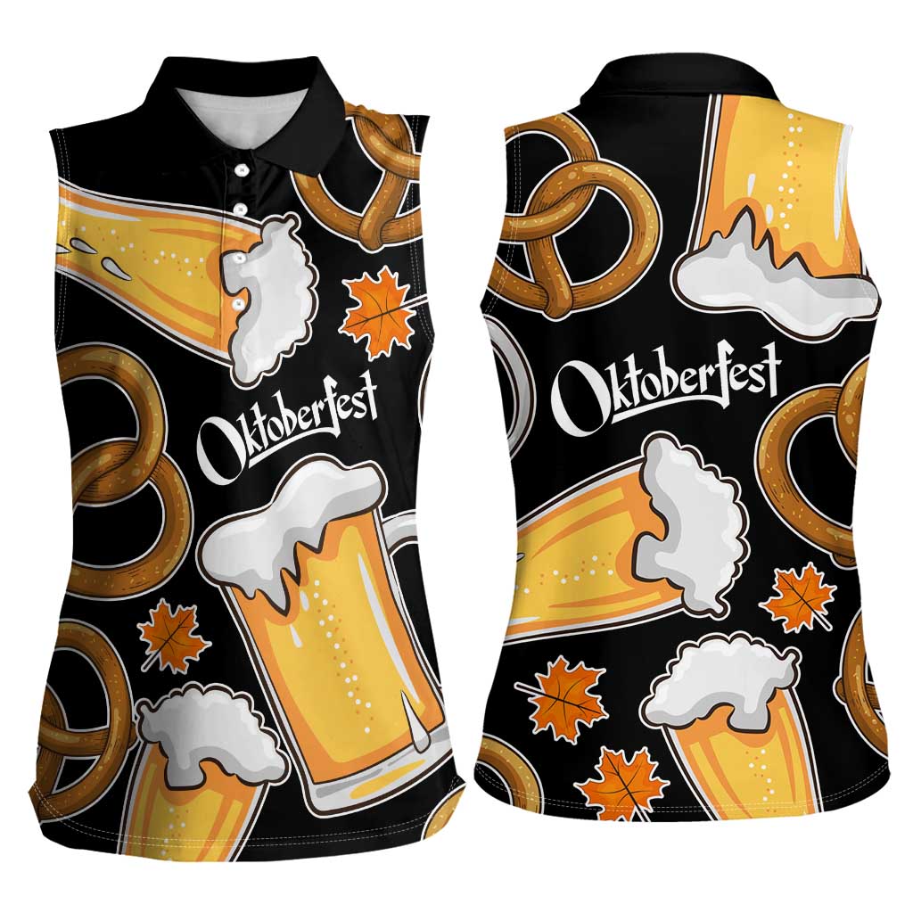 Oktoberfest Women Sleeveless Polo Shirt with Beer Mug and Pretzel Illustration Black Festive - Wonder Print Shop