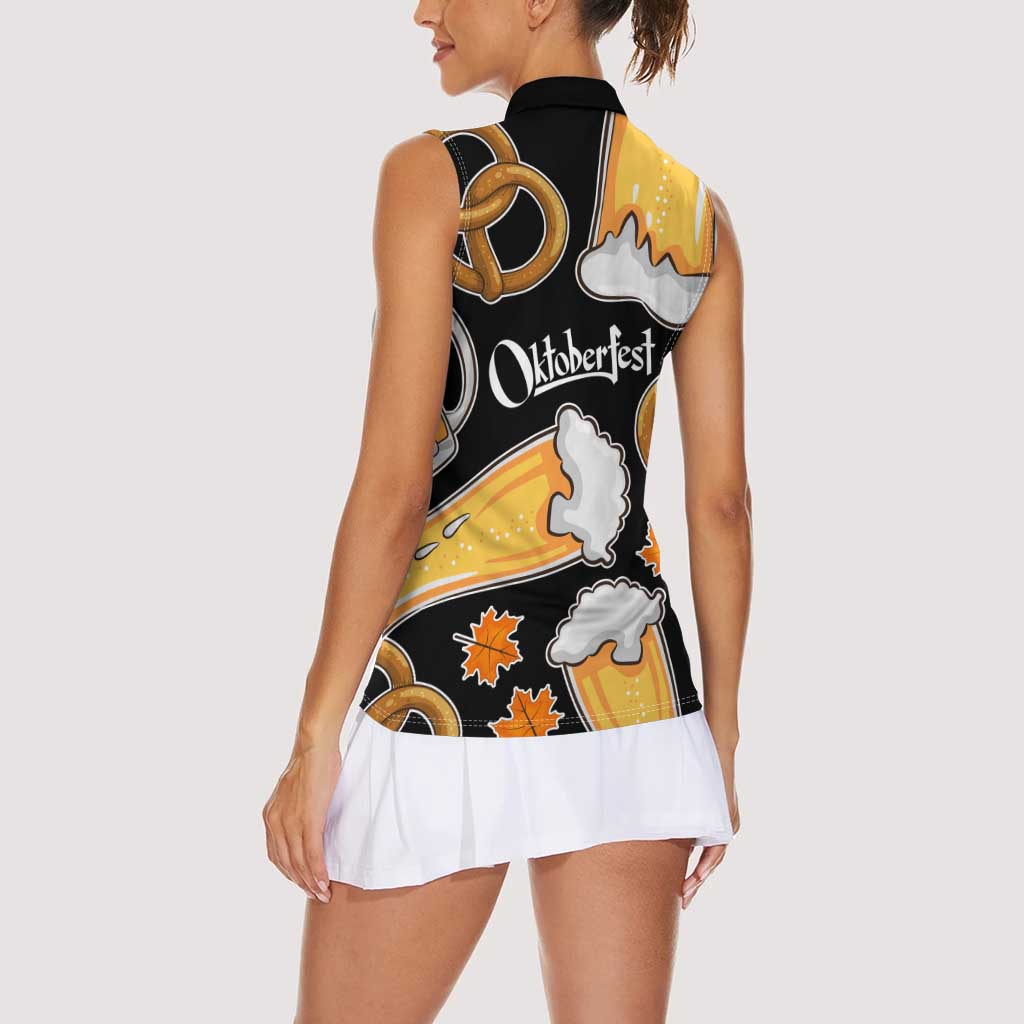 Oktoberfest Women Sleeveless Polo Shirt with Beer Mug and Pretzel Illustration Black Festive - Wonder Print Shop