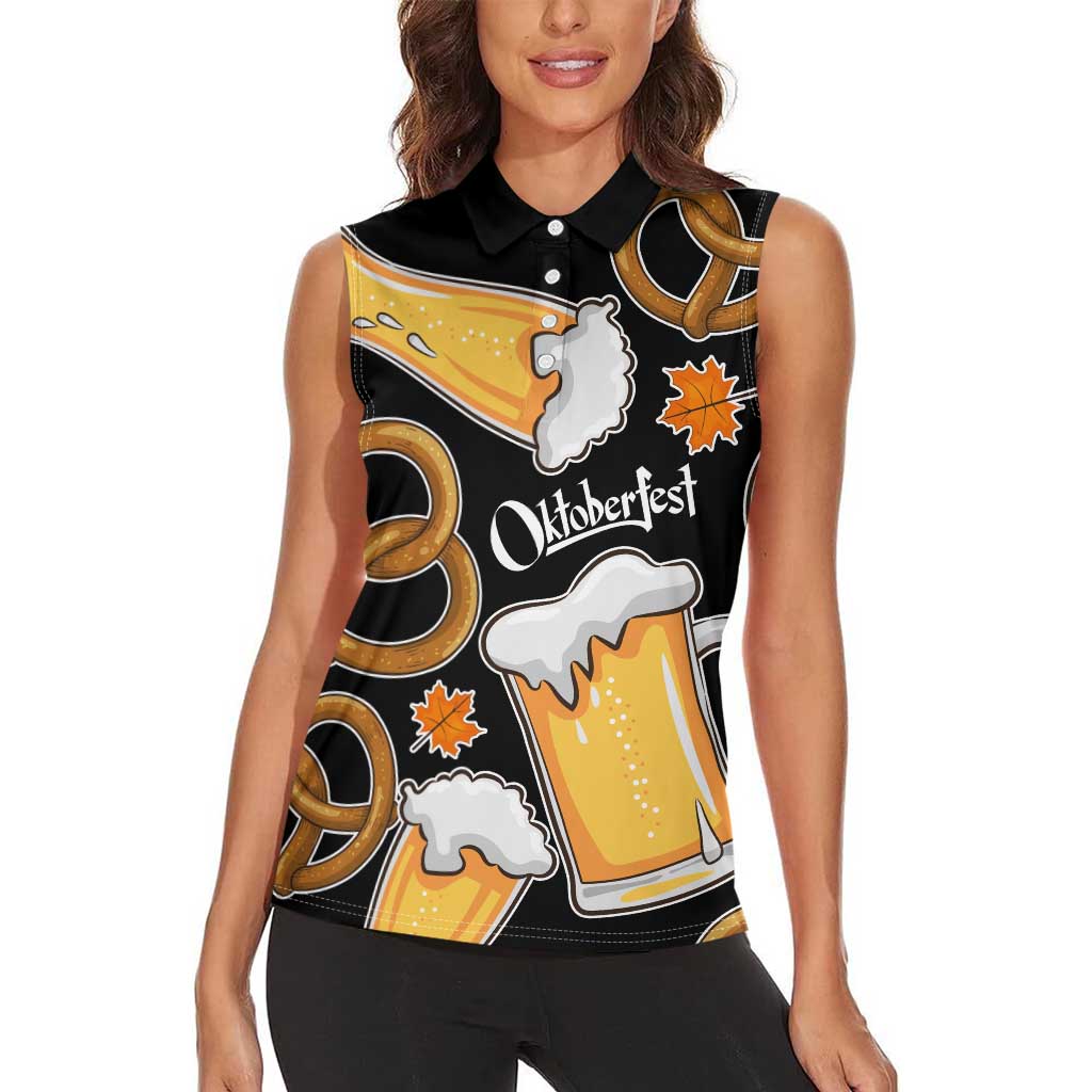 Oktoberfest Women Sleeveless Polo Shirt with Beer Mug and Pretzel Illustration Black Festive - Wonder Print Shop