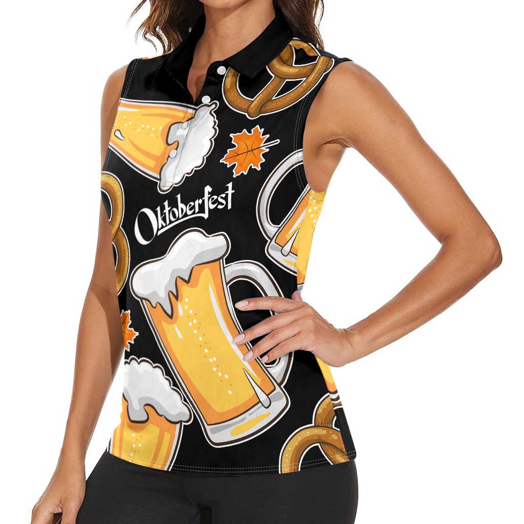 Oktoberfest Women Sleeveless Polo Shirt with Beer Mug and Pretzel Illustration Black Festive - Wonder Print Shop
