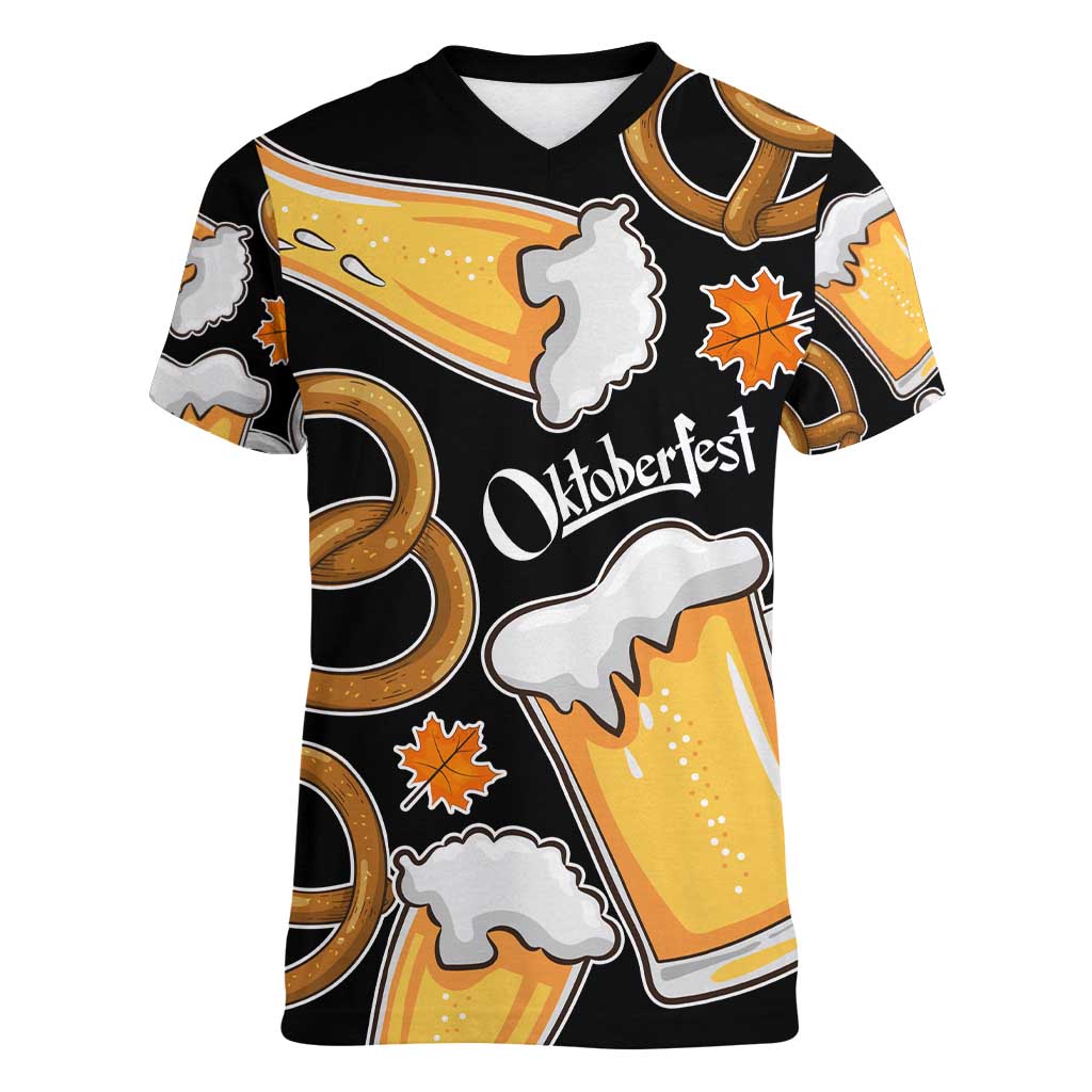 Oktoberfest Women V-Neck T-Shirt with Beer Mug and Pretzel Illustration Black Festive - Wonder Print Shop