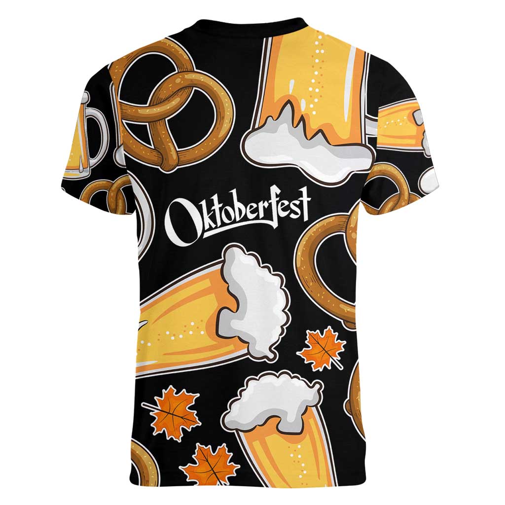Oktoberfest Women V-Neck T-Shirt with Beer Mug and Pretzel Illustration Black Festive - Wonder Print Shop