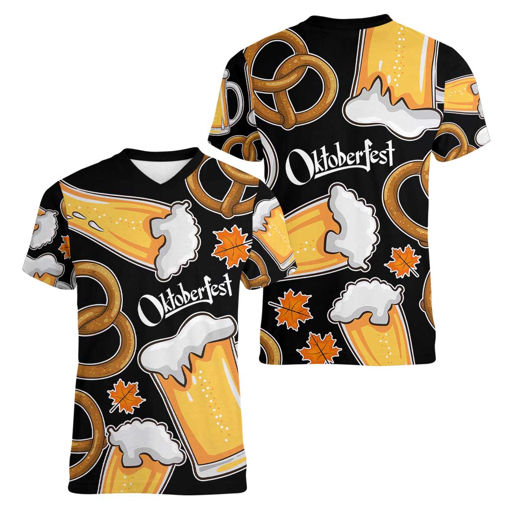 Oktoberfest Women V-Neck T-Shirt with Beer Mug and Pretzel Illustration Black Festive - Wonder Print Shop