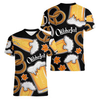 Oktoberfest Women V-Neck T-Shirt with Beer Mug and Pretzel Illustration Black Festive - Wonder Print Shop