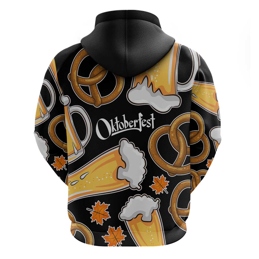 Oktoberfest Zip Hoodie with Beer Mug and Pretzel Illustration Black Festive - Wonder Print Shop