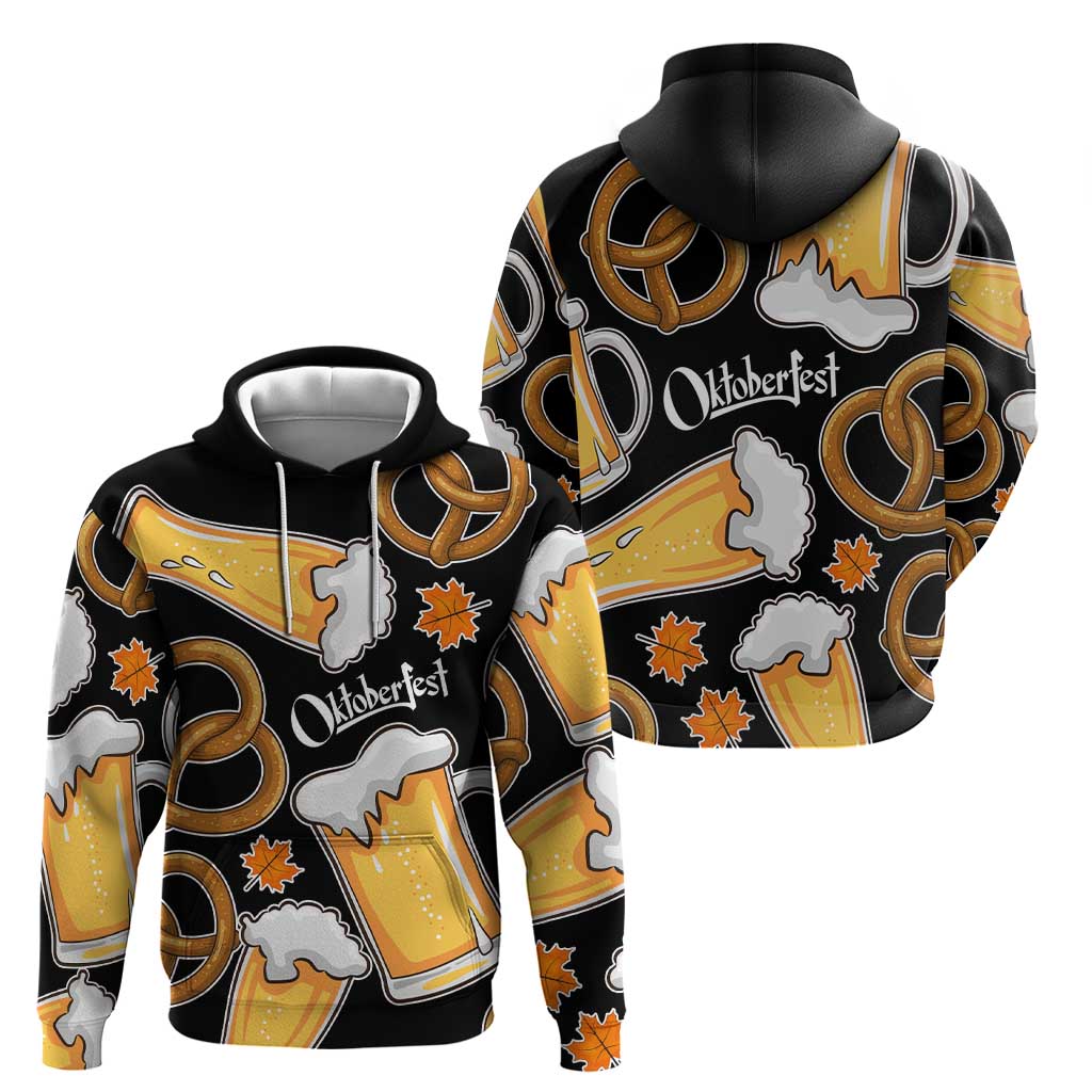 Oktoberfest Zip Hoodie with Beer Mug and Pretzel Illustration Black Festive - Wonder Print Shop