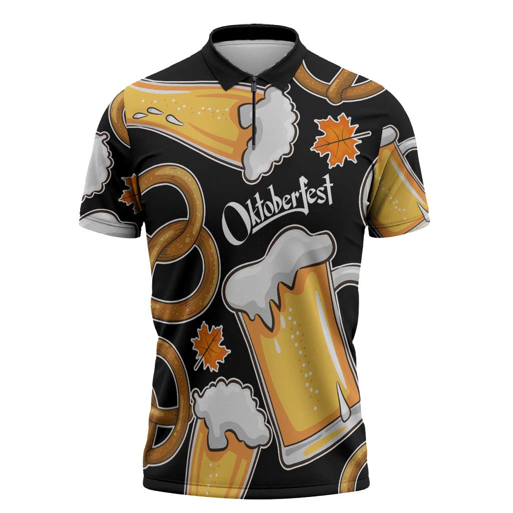 Oktoberfest Zipper Polo Shirt with Beer Mug and Pretzel Illustration Black Festive - Wonder Print Shop