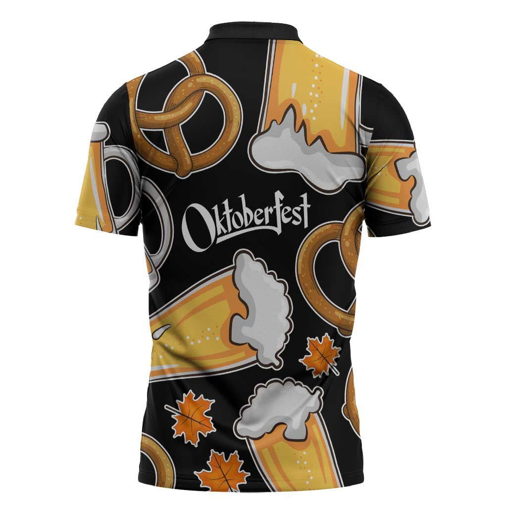 Oktoberfest Zipper Polo Shirt with Beer Mug and Pretzel Illustration Black Festive - Wonder Print Shop
