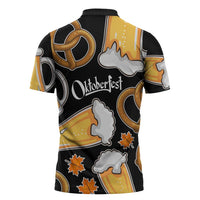 Oktoberfest Zipper Polo Shirt with Beer Mug and Pretzel Illustration Black Festive - Wonder Print Shop