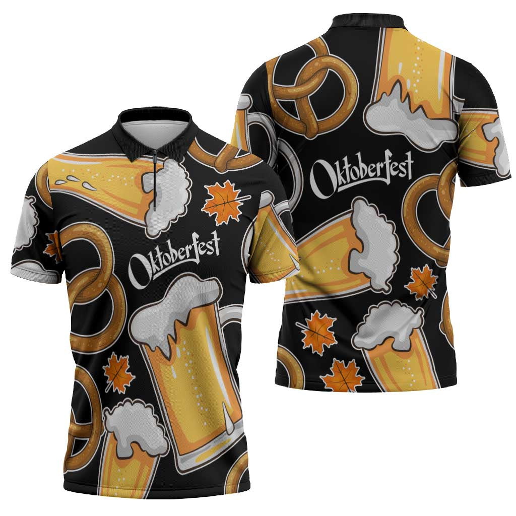 Oktoberfest Zipper Polo Shirt with Beer Mug and Pretzel Illustration Black Festive - Wonder Print Shop