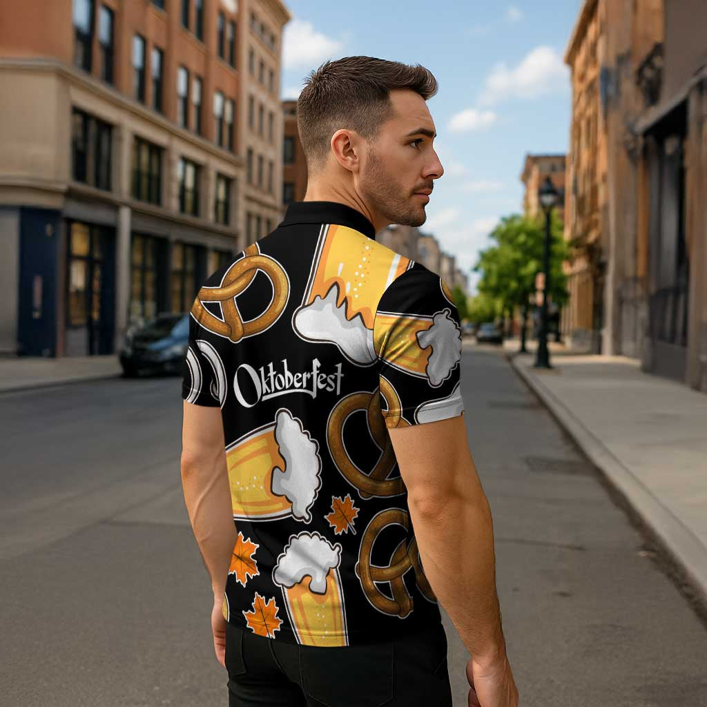 Oktoberfest Zipper Polo Shirt with Beer Mug and Pretzel Illustration Black Festive - Wonder Print Shop