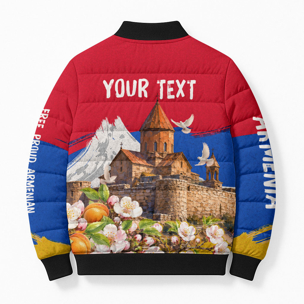 Personalized Armenia Heritage Bomber Puffer Jacket Ararat Monastery Rising In Freedom Patriotic Doves