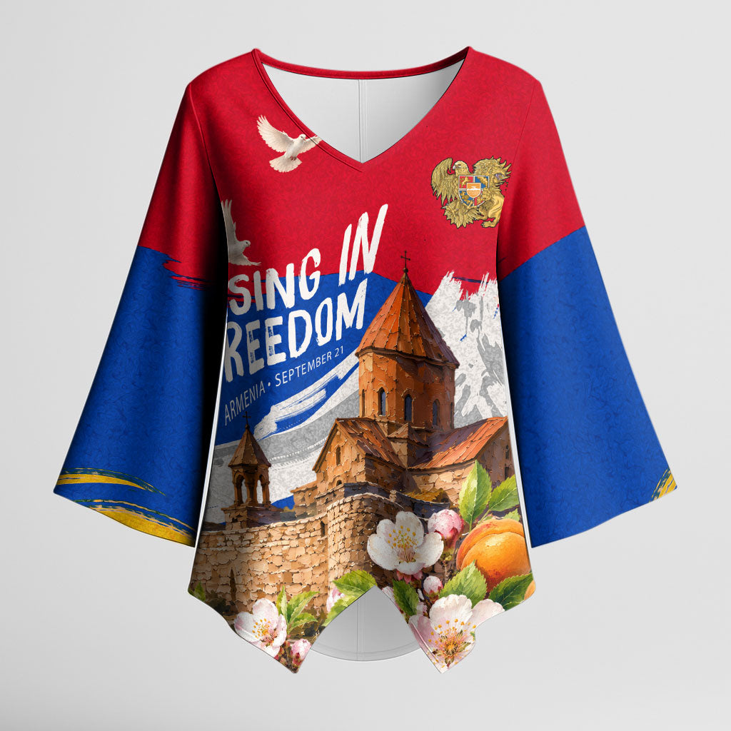 Personalized Armenia Heritage Kimono Sleeve Blouse Ararat Monastery Rising In Freedom Patriotic Doves