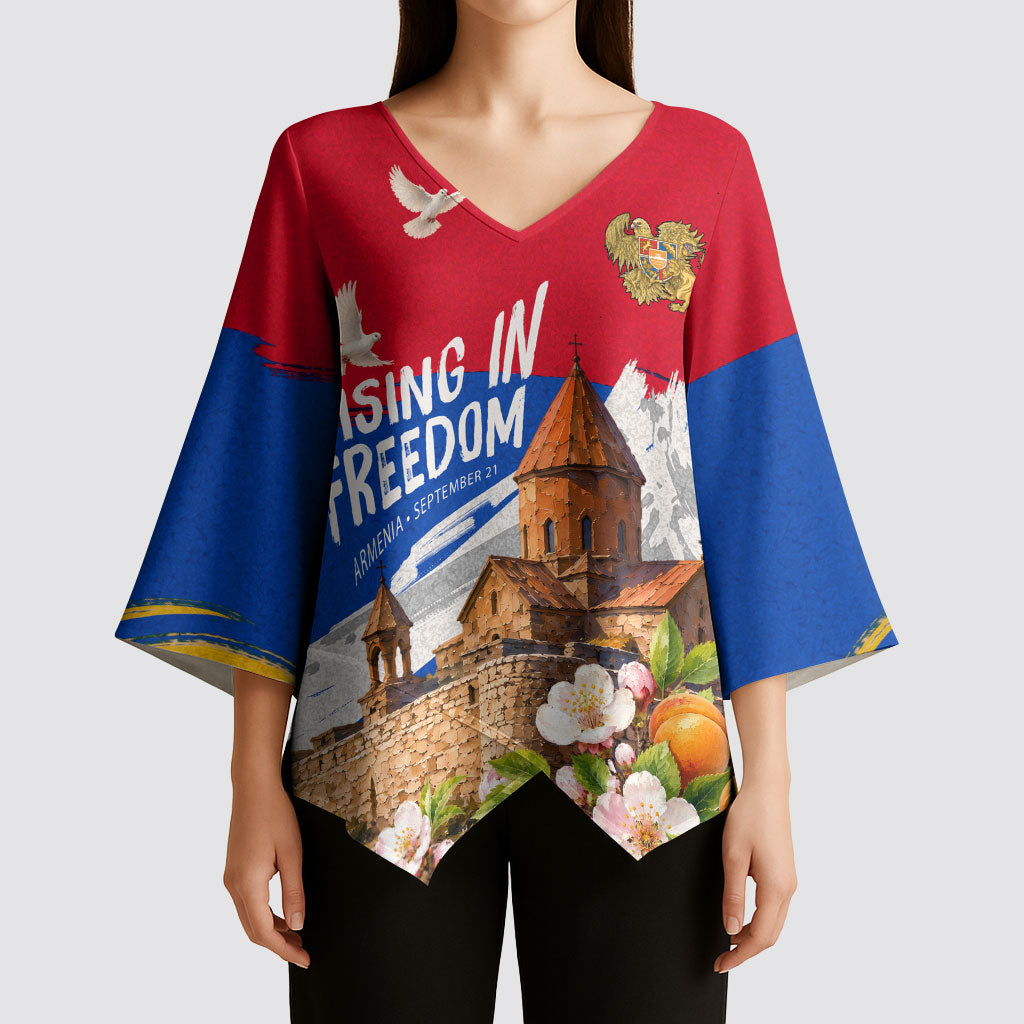 Personalized Armenia Heritage Kimono Sleeve Blouse Ararat Monastery Rising In Freedom Patriotic Doves