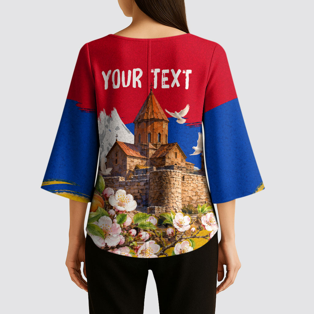 Personalized Armenia Heritage Kimono Sleeve Blouse Ararat Monastery Rising In Freedom Patriotic Doves