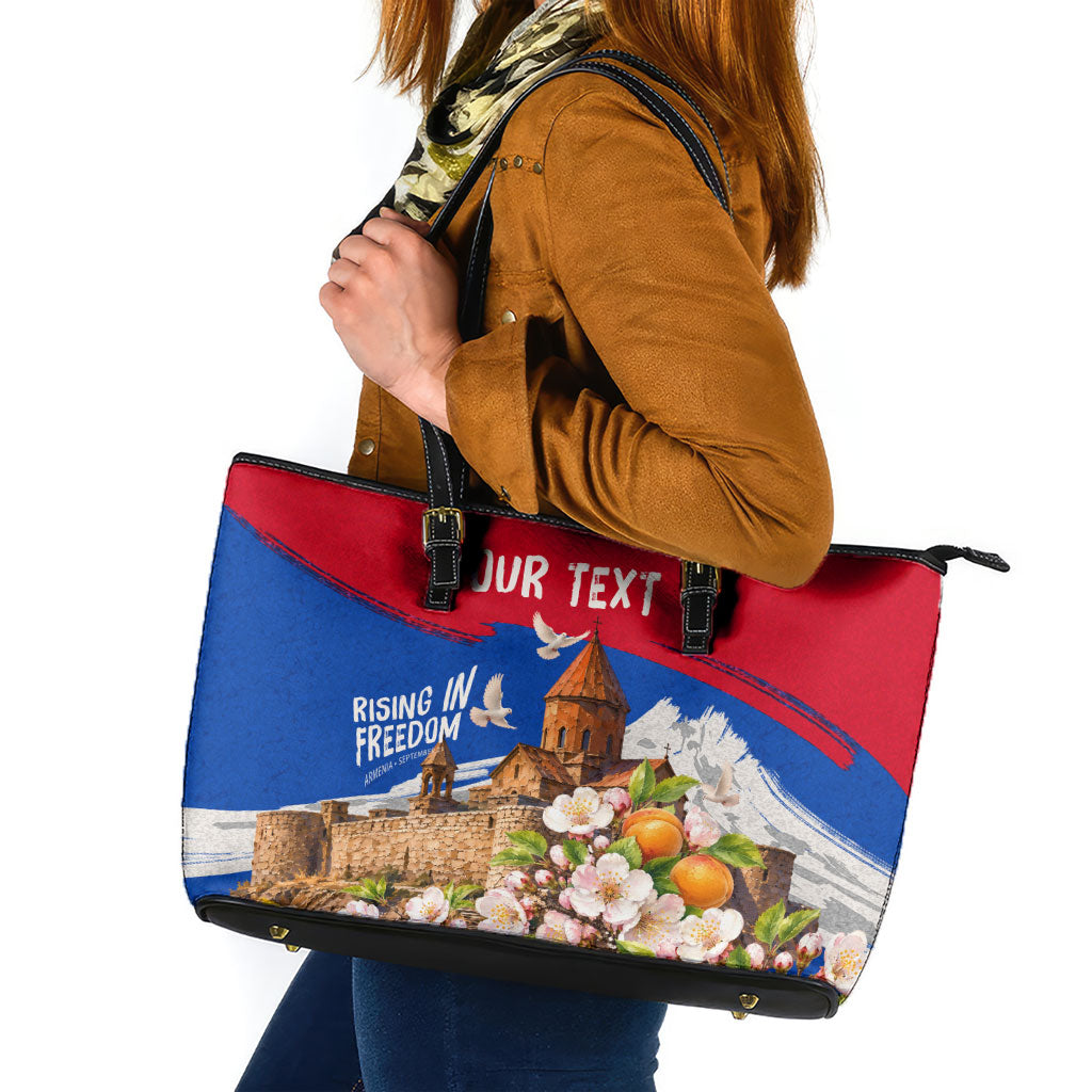 Personalized Armenia Heritage Leather Tote Bag Ararat Monastery Rising In Freedom Patriotic Doves