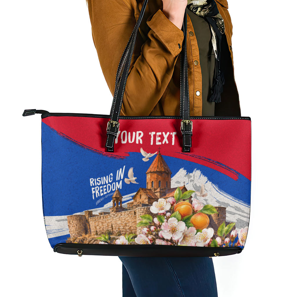 Personalized Armenia Heritage Leather Tote Bag Ararat Monastery Rising In Freedom Patriotic Doves