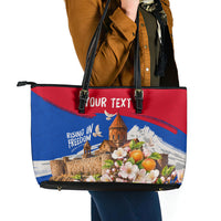 Personalized Armenia Heritage Leather Tote Bag Ararat Monastery Rising In Freedom Patriotic Doves