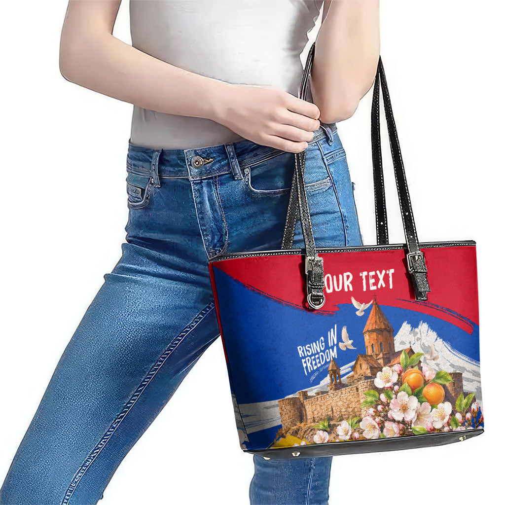 Personalized Armenia Heritage Leather Tote Bag Ararat Monastery Rising In Freedom Patriotic Doves