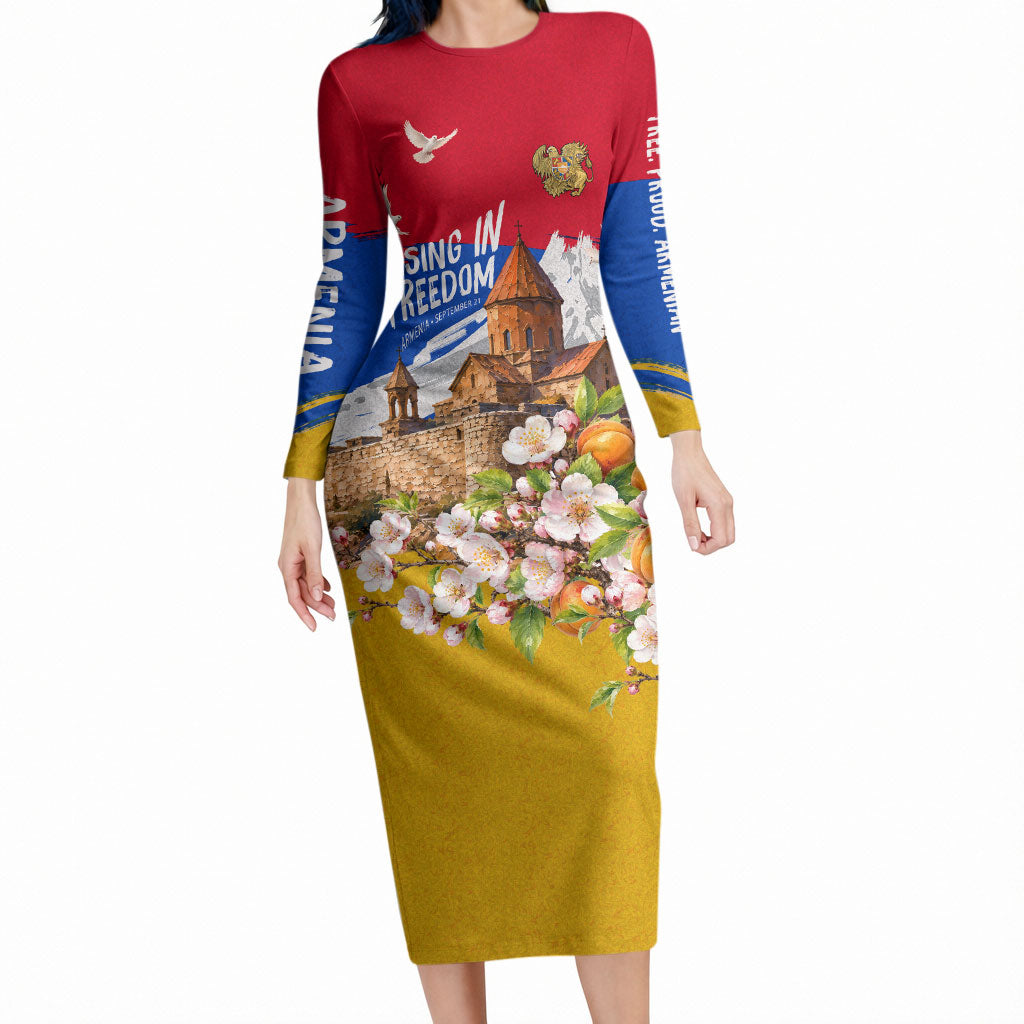 Personalized Armenia Heritage Long Sleeve Bodycon Dress Ararat Monastery Rising In Freedom Patriotic Doves