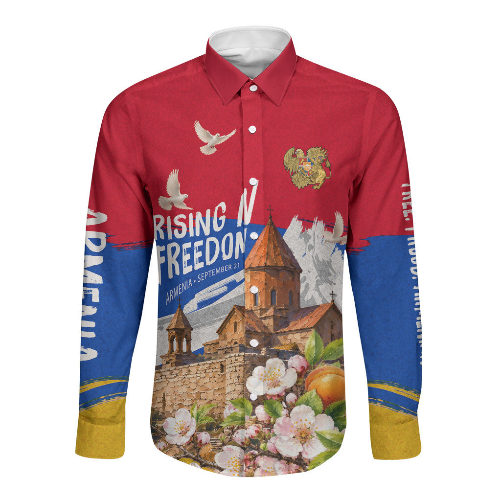 Personalized Armenia Heritage Long Sleeve Button Shirt Ararat Monastery Rising In Freedom Patriotic Doves