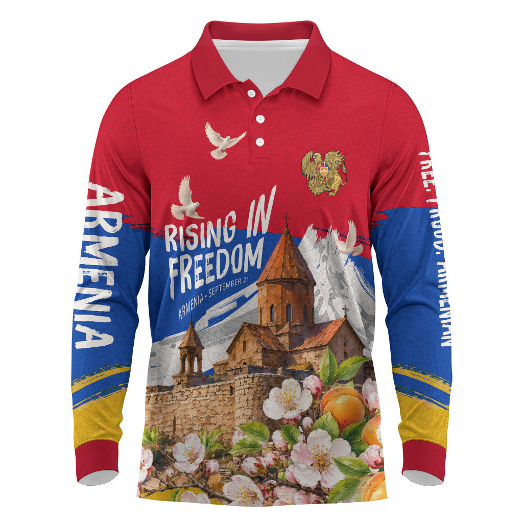 Personalized Armenia Heritage Long Sleeve Polo Shirt Ararat Monastery Rising In Freedom Patriotic Doves