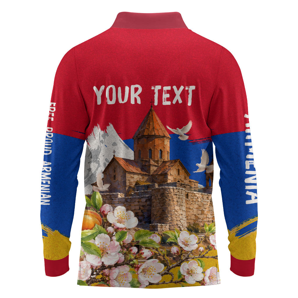 Personalized Armenia Heritage Long Sleeve Polo Shirt Ararat Monastery Rising In Freedom Patriotic Doves