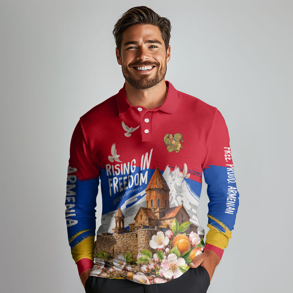 Personalized Armenia Heritage Long Sleeve Polo Shirt Ararat Monastery Rising In Freedom Patriotic Doves