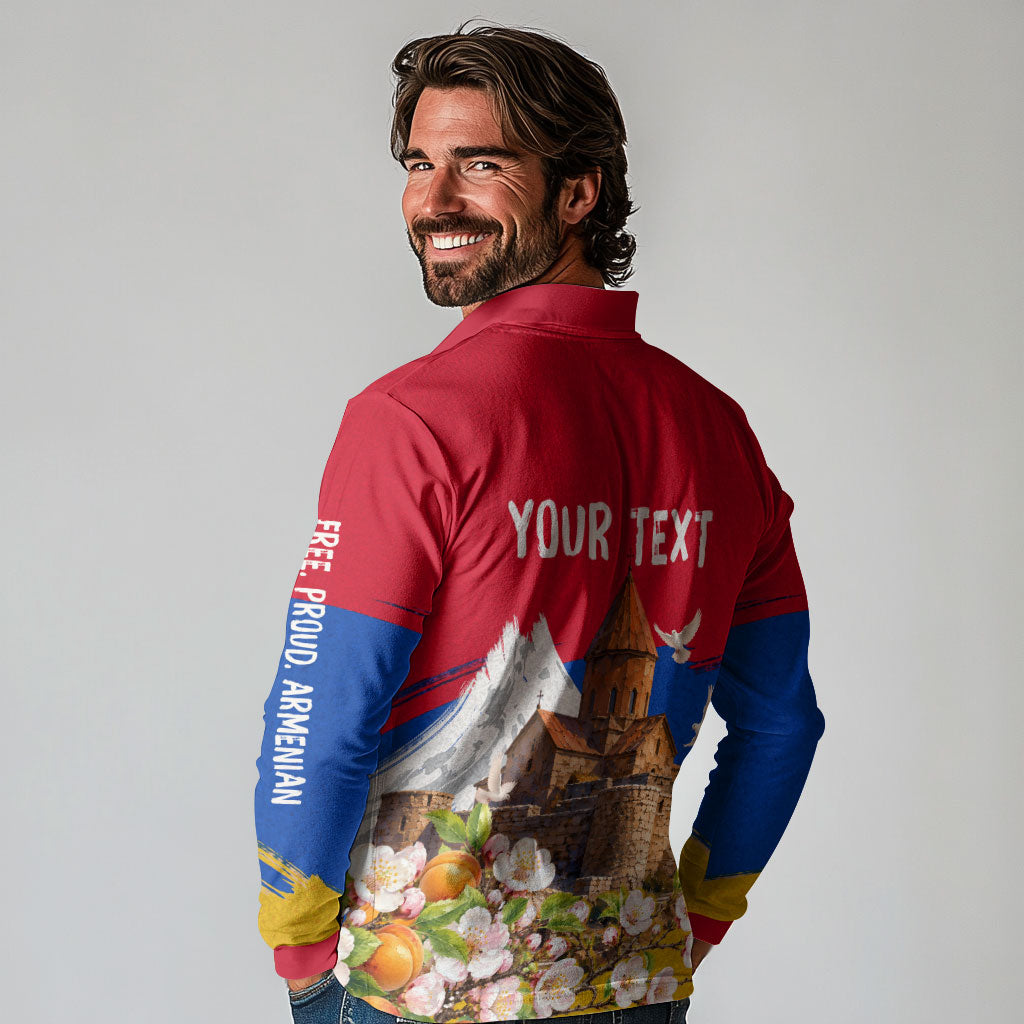 Personalized Armenia Heritage Long Sleeve Polo Shirt Ararat Monastery Rising In Freedom Patriotic Doves
