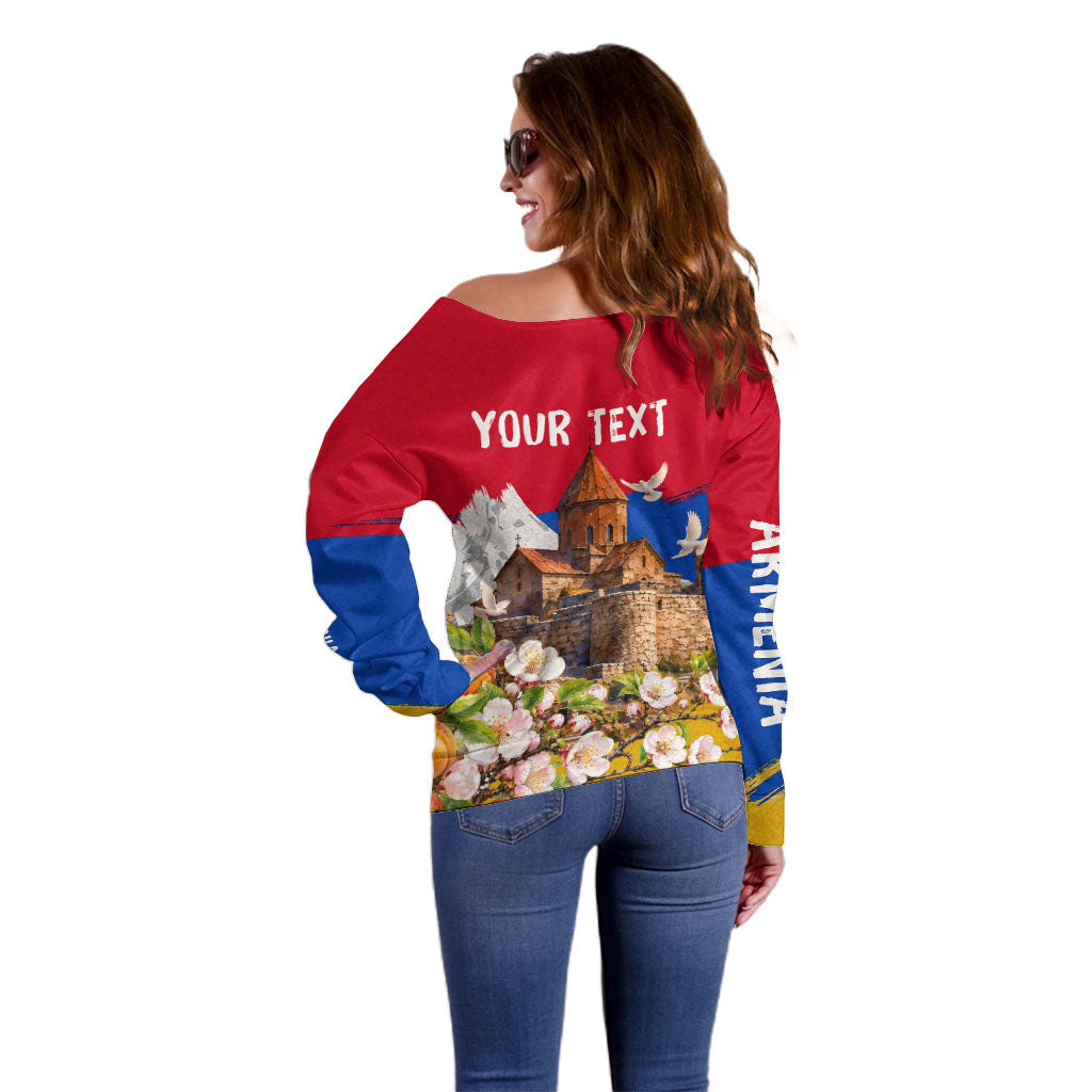 Personalized Armenia Heritage Off Shoulder Sweater Ararat Monastery Rising In Freedom Patriotic Doves
