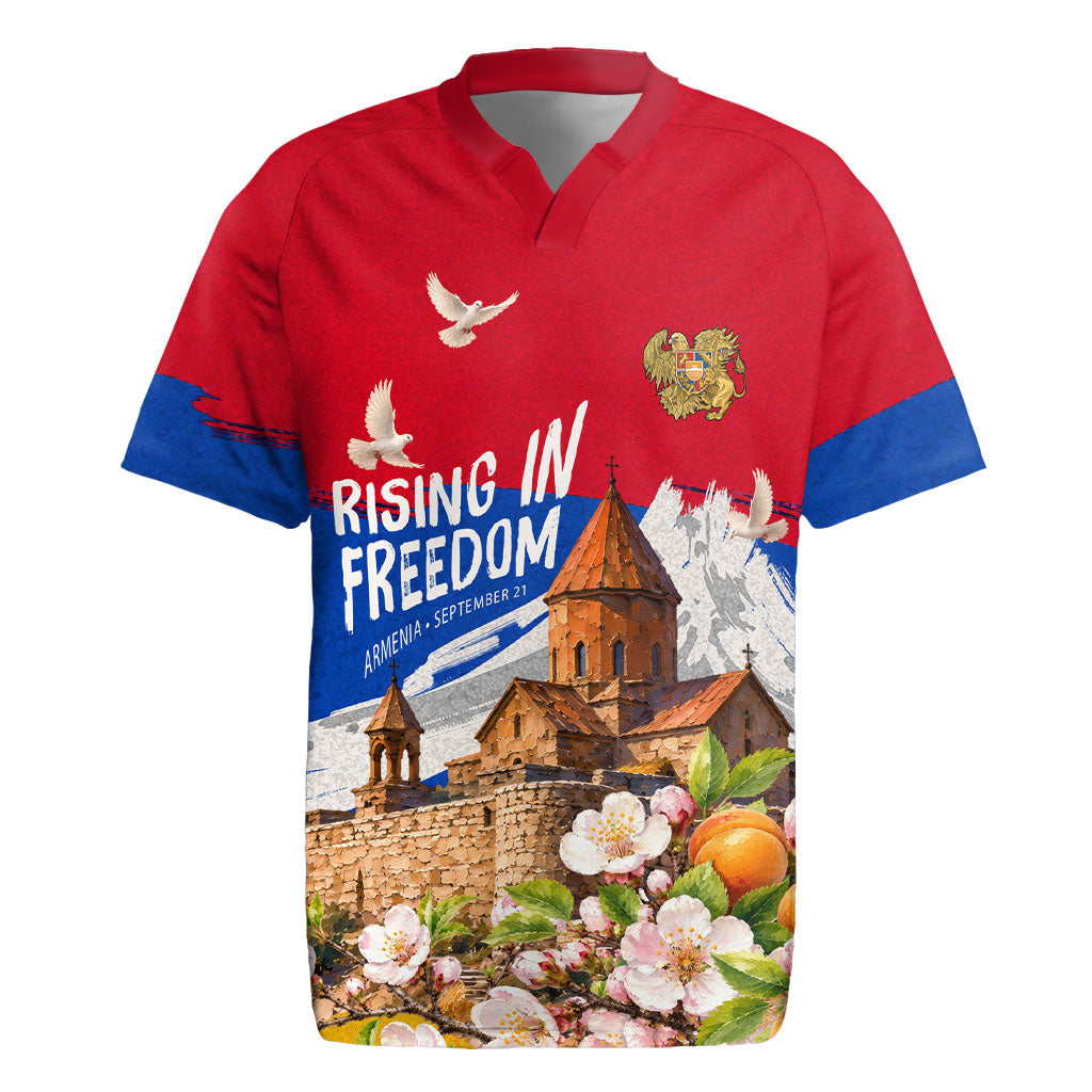 Personalized Armenia Heritage Rugby Jersey Ararat Monastery Rising In Freedom Patriotic Doves