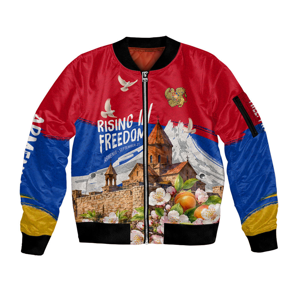 Personalized Armenia Heritage Sleeve Zip Bomber Jacket Ararat Monastery Rising In Freedom Patriotic Doves