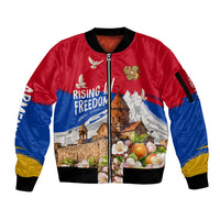 Personalized Armenia Heritage Sleeve Zip Bomber Jacket Ararat Monastery Rising In Freedom Patriotic Doves