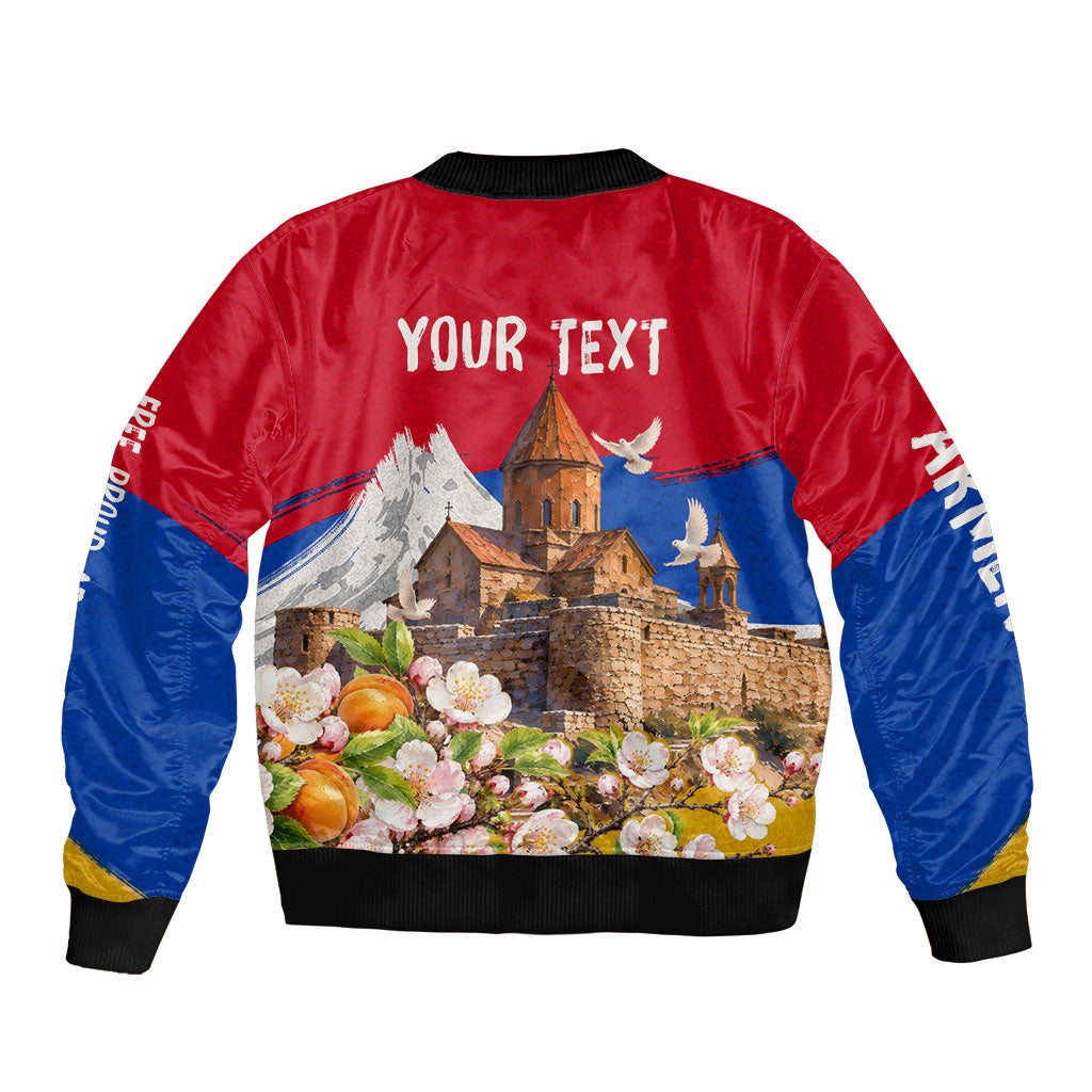 Personalized Armenia Heritage Sleeve Zip Bomber Jacket Ararat Monastery Rising In Freedom Patriotic Doves