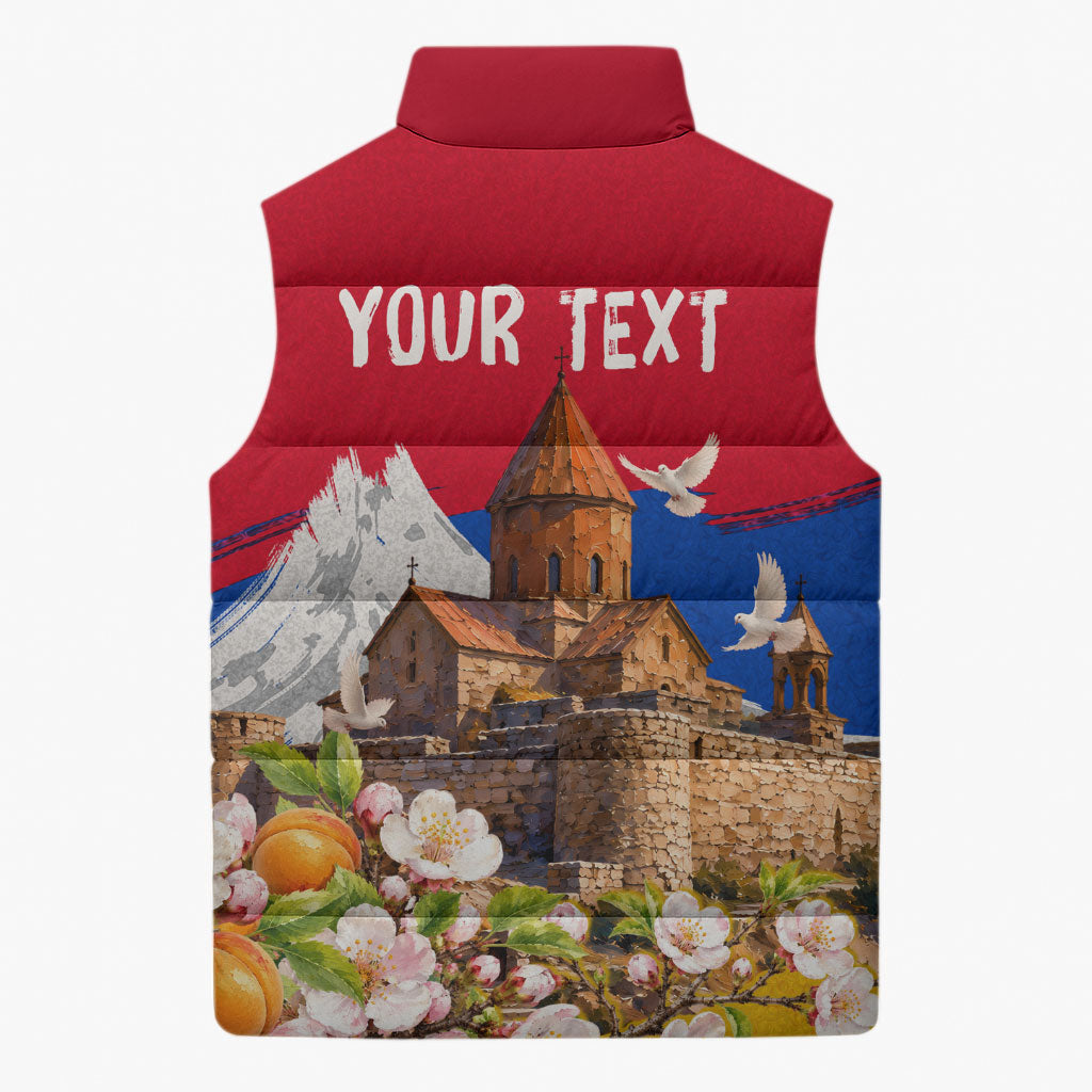 Personalized Armenia Heritage Sleeveless Puffer Jacket Ararat Monastery Rising In Freedom Patriotic Doves