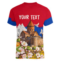 Personalized Armenia Heritage Women V-Neck T-Shirt Ararat Monastery Rising In Freedom Patriotic Doves