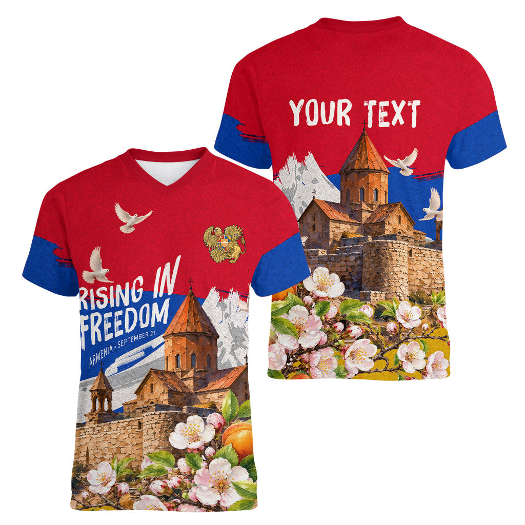 Personalized Armenia Heritage Women V-Neck T-Shirt Ararat Monastery Rising In Freedom Patriotic Doves