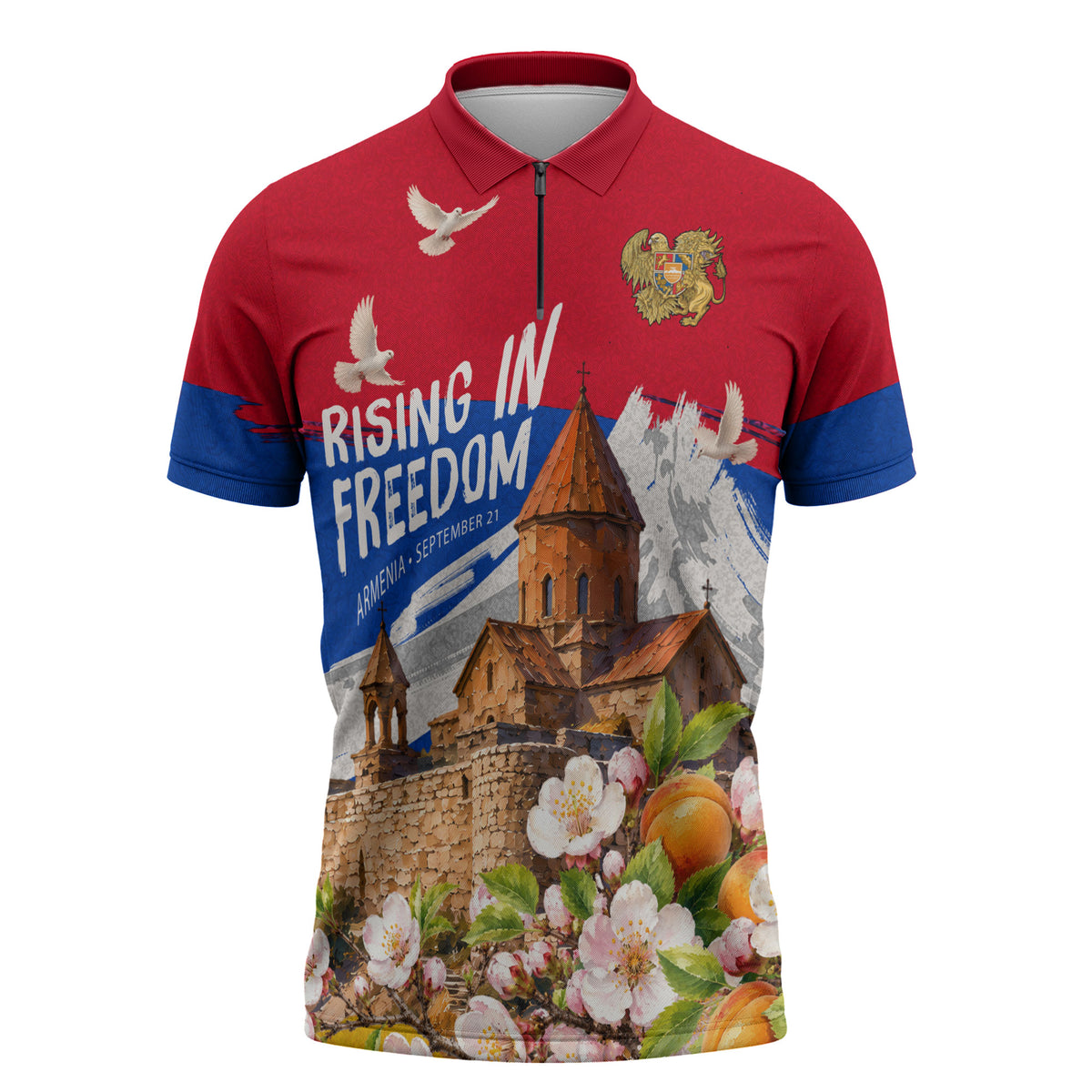 Personalized Armenia Heritage Zipper Polo Shirt Ararat Monastery Rising In Freedom Patriotic Doves