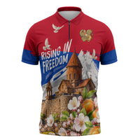 Personalized Armenia Heritage Zipper Polo Shirt Ararat Monastery Rising In Freedom Patriotic Doves