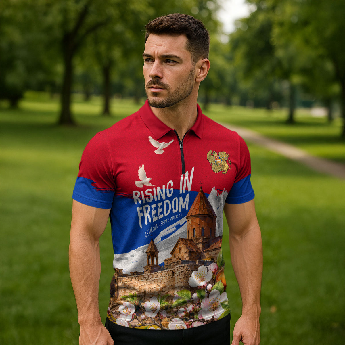 Personalized Armenia Heritage Zipper Polo Shirt Ararat Monastery Rising In Freedom Patriotic Doves