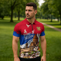 Personalized Armenia Heritage Zipper Polo Shirt Ararat Monastery Rising In Freedom Patriotic Doves