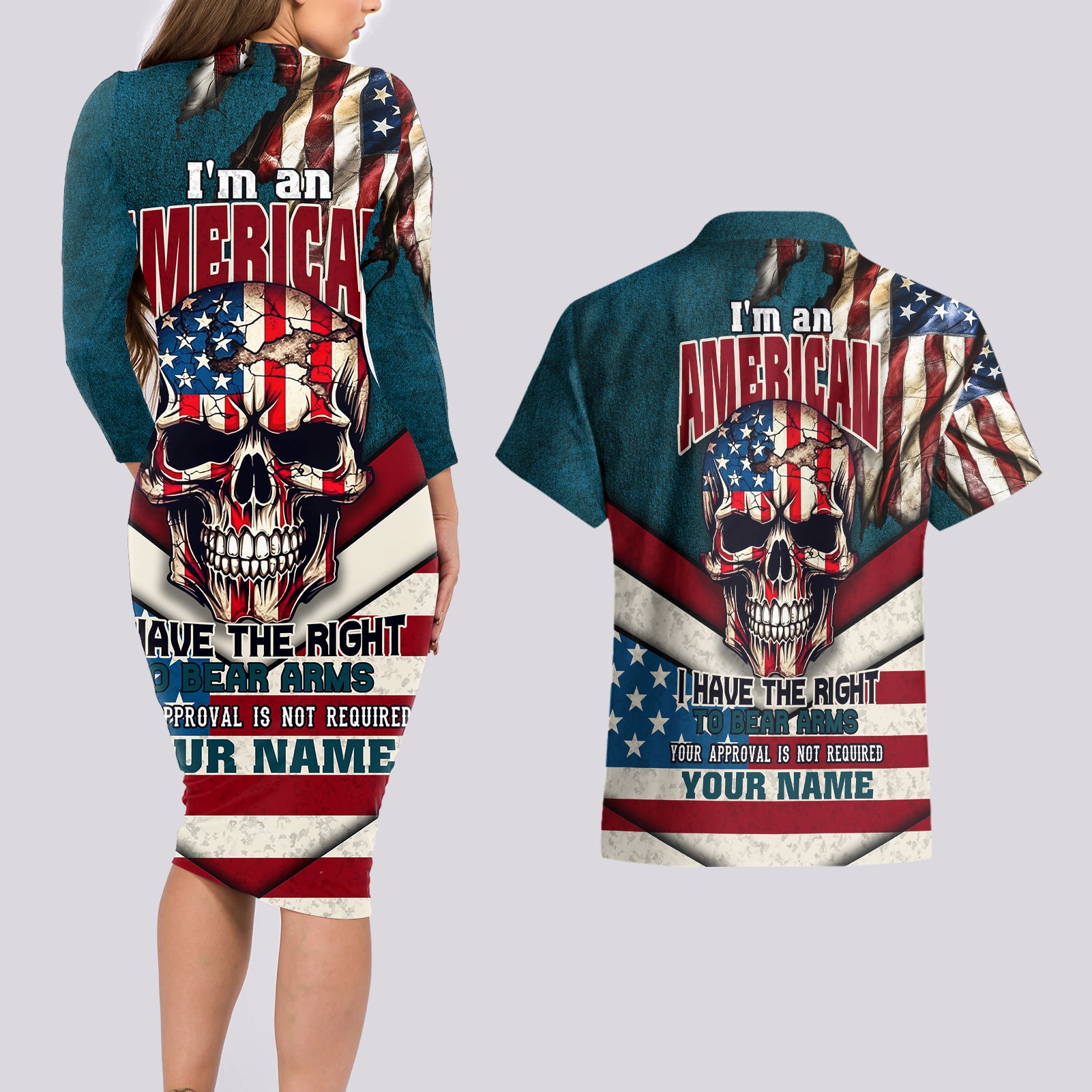 American Flag Skull Couples Matching Long Sleeve Bodycon Dress and Hawaiian Shirt I'm an American I Have The Right To Bear Arms Your Approval Is Not Required - Wonder Print Shop