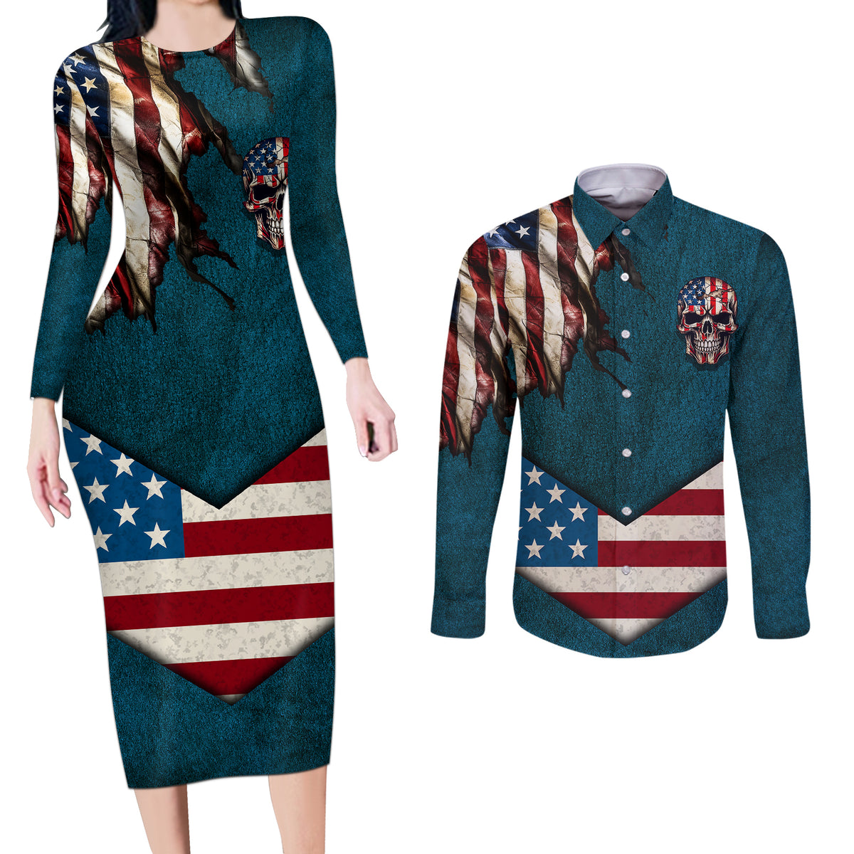 American Flag Skull Couples Matching Long Sleeve Bodycon Dress and Long Sleeve Button Shirts I'm an American I Have The Right To Bear Arms Your Approval Is Not Required - Wonder Print Shop