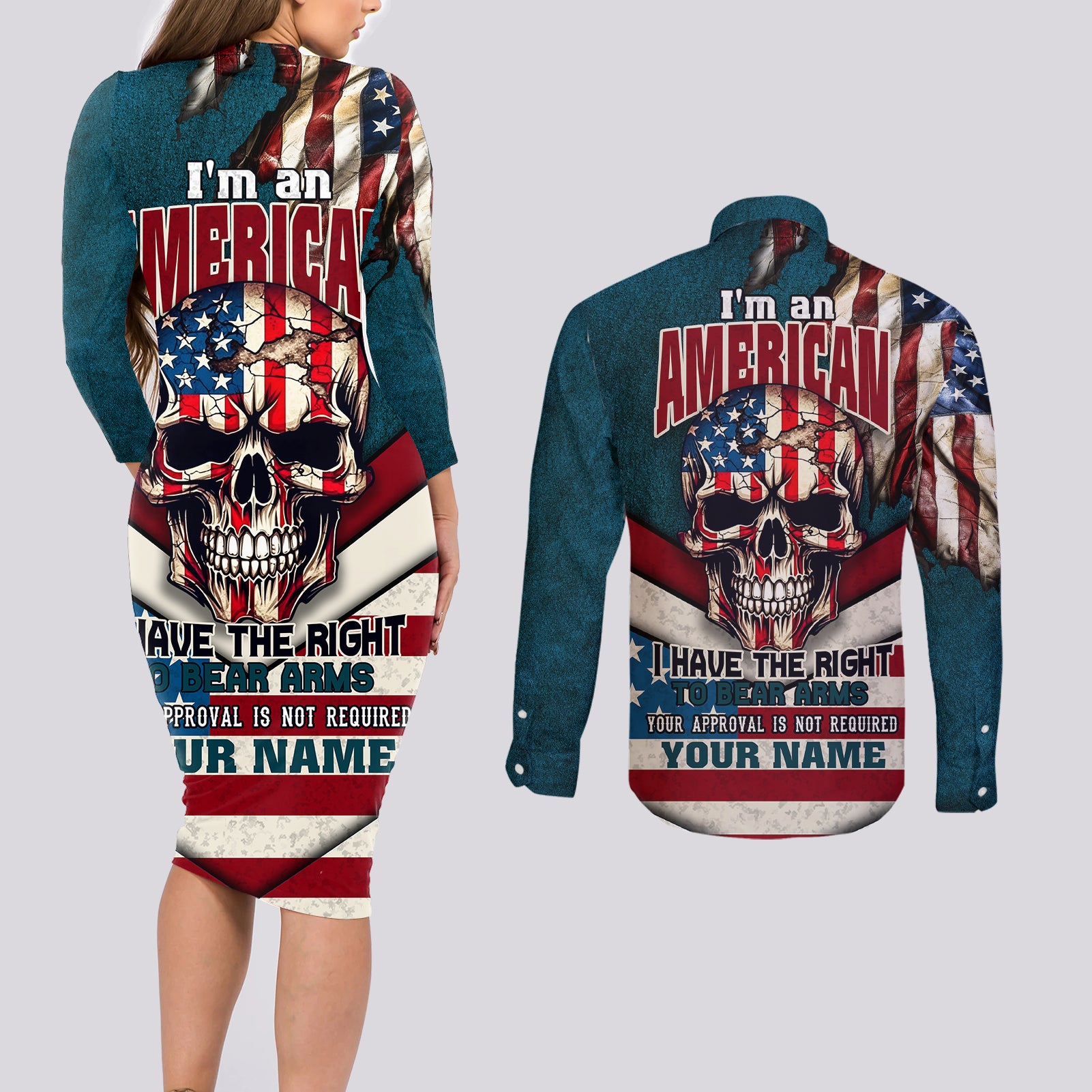 American Flag Skull Couples Matching Long Sleeve Bodycon Dress and Long Sleeve Button Shirts I'm an American I Have The Right To Bear Arms Your Approval Is Not Required - Wonder Print Shop
